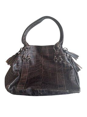 Cavalcanti Vintage Croc Embossed Leather Bucket Bag Brown Tassels Shoulder Purse